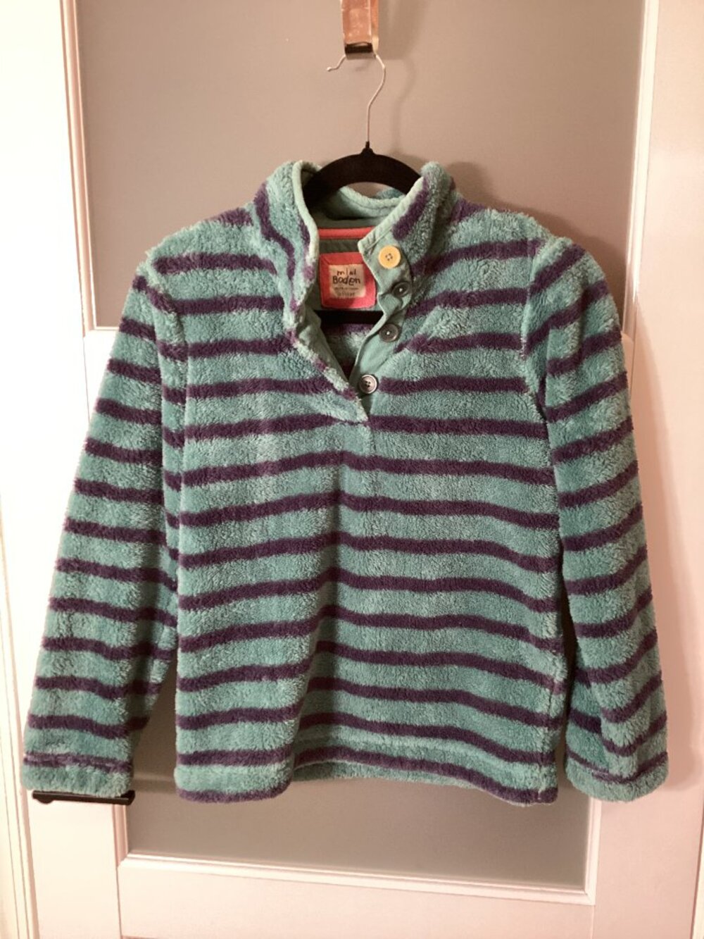 Mini Boden Kids Teal & Purple Striped Plush Fleece Pullover Jacket - 11/12